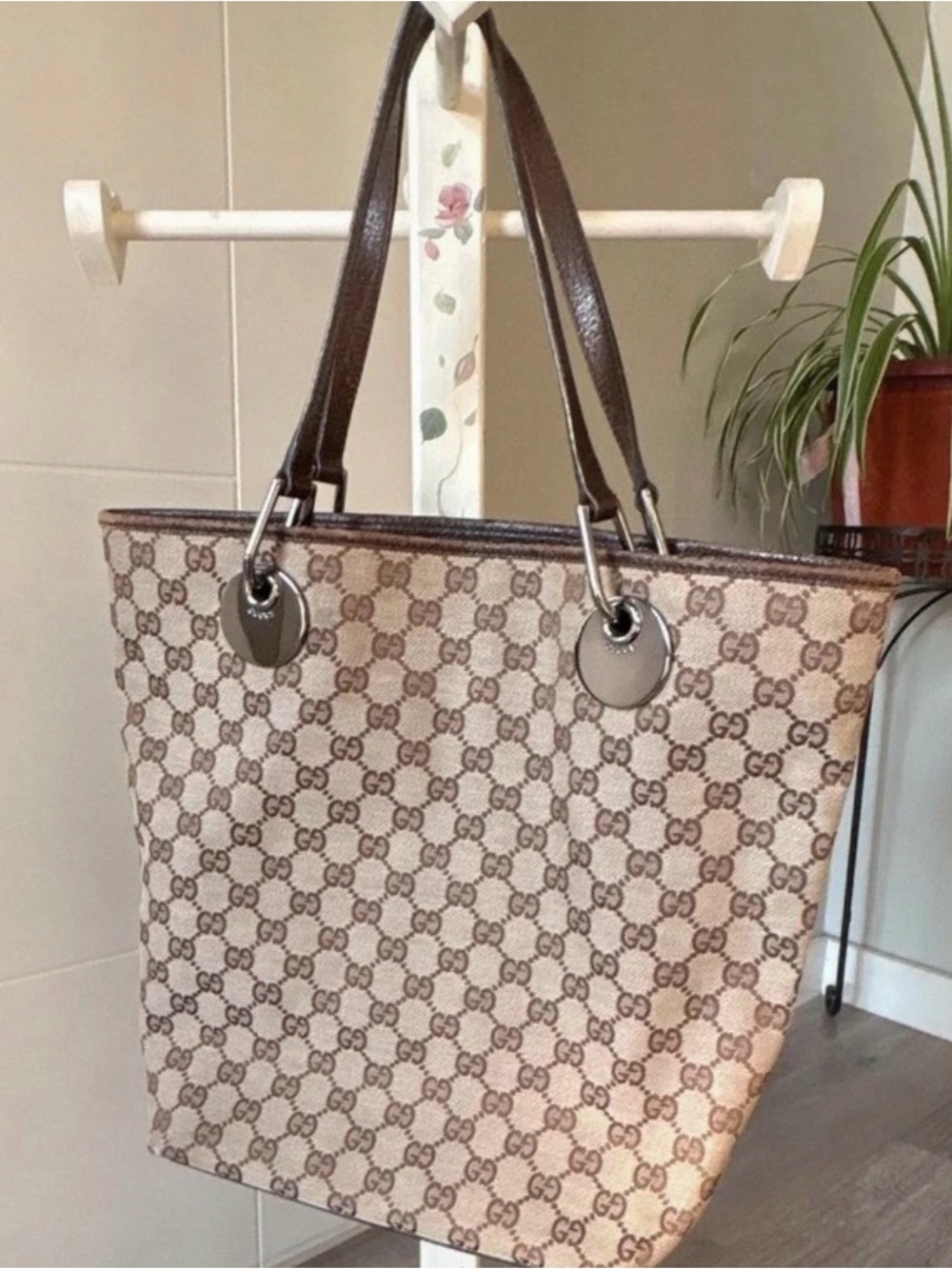 Gucci Beige and Brown GG Canvas Tote with Brown Leather Handles